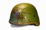 Military or police helmet with blood splattered. Isolated.