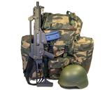Soldier equipment: automatic rifle, backpack, helmet. Isolated.