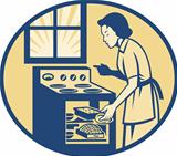Housewife Baker Baking in Oven Stove Retro
