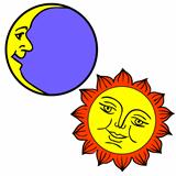 Vector illustration of Moon and Sun with faces 