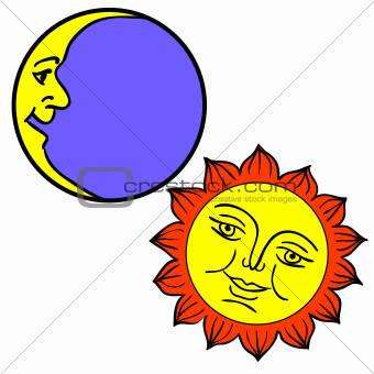 Vector illustration of Moon and Sun with faces 