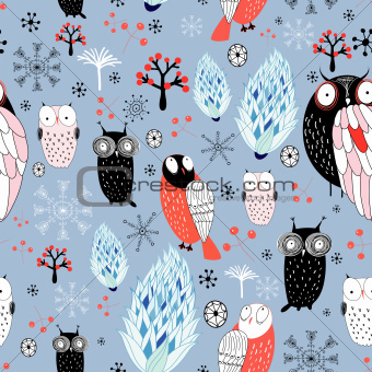 winter texture of owls and snowflakes