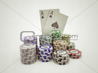 poker chips and double aces isolated on white background