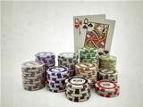 poker cards with colored chips isolated on white background