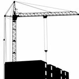 Silhouette of one cranes working on the building on a white back