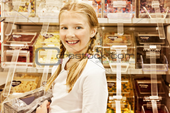 sweet shop girl, smiling