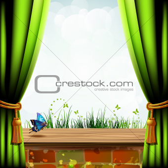 Green curtain with brick wall