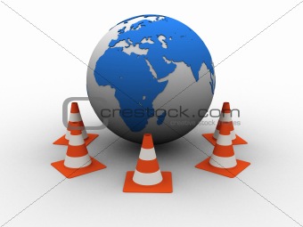 globe and traffic cones