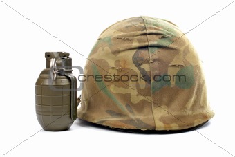 Military helmet and grenade