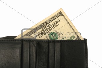 Black wallet and one hundred dollar bill