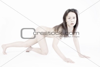 Crawling naked asian woman
