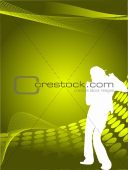 Silhouette female dancer posing on green yellow waves, wallpaper