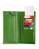 Open green leather wallet with credit cards
