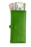 Open green leather wallet with money in it.