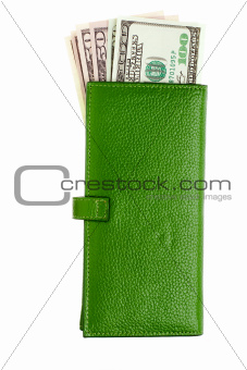 Open green leather wallet with money in it.
