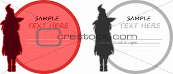 Witch silhouette and text bubble.