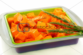 Spiced pumpkin in a baking dish.