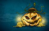 terrible smiling face of jack-o-lantern with candles in night