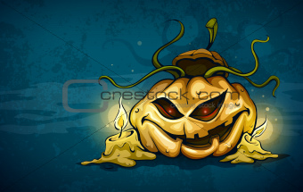 terrible smiling face of jack-o-lantern with candles in night