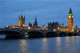 Westminster Bridge and the Houses of Parliament at dusk.