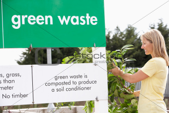 Woman At Recycling Centre Disposing Of Garden Waste