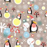 Christmas texture of penguins and snowmen