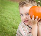Adorable Young Child Boy Enjoying the Pumpkins at the Pumpkin Patch.