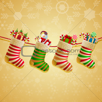 Hanging christmas socks with present.
