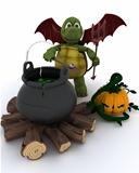 Deamon Tortoise with cauldron of eyeballs on log fire