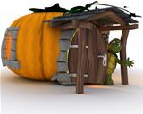 Tortoise in Halloween Pumpkin Cottage