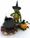 Tortoise witch with cauldron of eyeballs on log fire