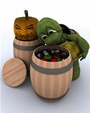 tortoise bobbing for apples in a barrel