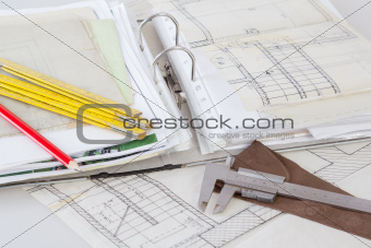 Architectural plans of the old paper measuring tools and file with the project