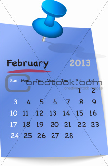 Calendar for february 2013 on blue sticky note