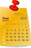 Calendar for june 2013 on orange sticky note