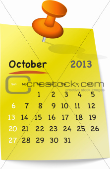 Calendar for october 2013 on yellow sticky note