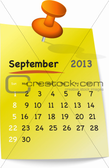 Calendar for september 2013 on yellow sticky note