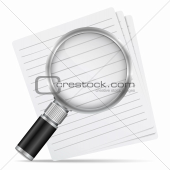 Magnifying glass with abstract paper documents