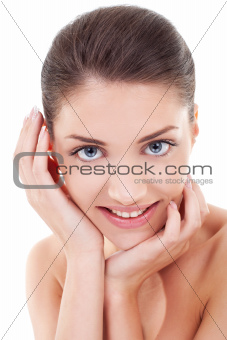happy woman holding her face in hand