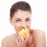 lovely woman eating pear