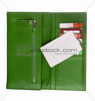 Open green leather wallet