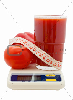 tomato juice, vegetables, measuring tape on electronic scale