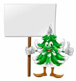 Christmas tree character holding sign