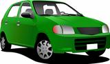 Green colored car sedan on the road. Vector illustration