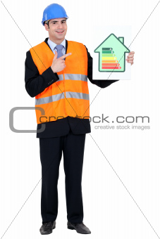 Man with helmet pointing at energy rating