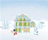 Winter landscape with houses and snowman