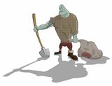 Vector gravedigger with shovel and sack with corpse 