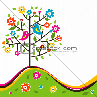 Decorative floral tree and bird, vector