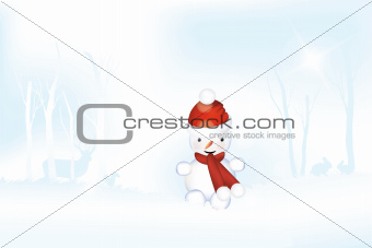 Snowman in frosty winter landscape