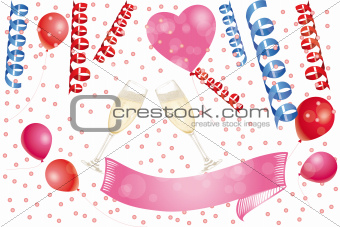 Filled champagne glasses, ribbons; confetti and balloons